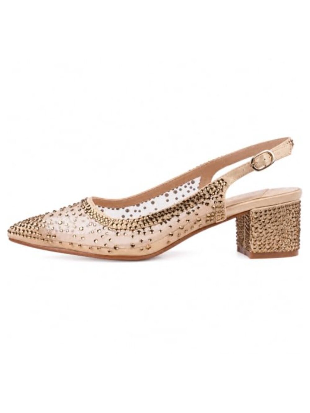 Rhinestone Mesh Slingback Block Heel Square Toe Dress Pump